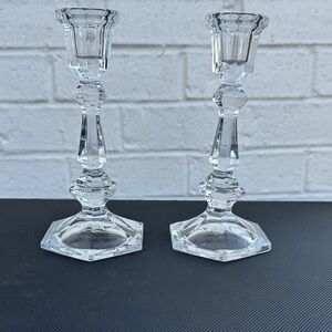 Vintage Crystal 7” Candlesticks (2) Featuring a Hexagonal Base and Faceted stem.